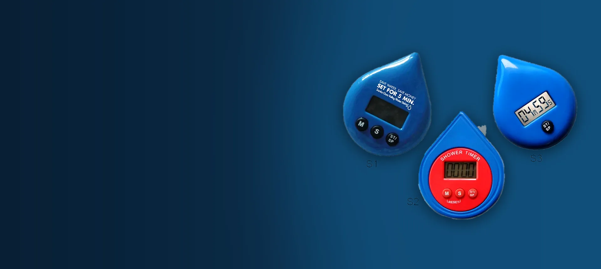 Water drop shaped digital shower timers in blue and red