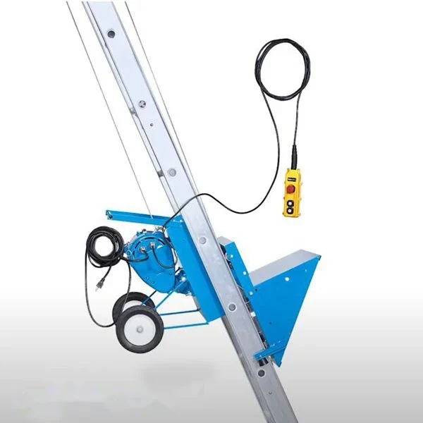 Blue motorized ladder hoist with wheeled carriage and yellow control pendant mounted on aluminum ladder