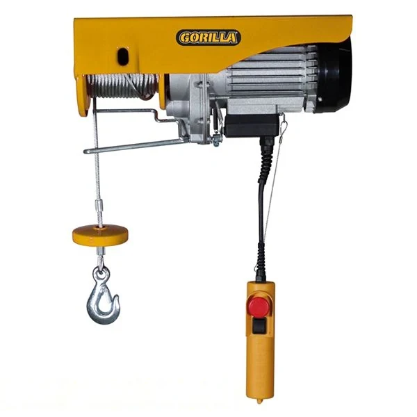 Yellow and silver electric wire rope hoist with pendant control on white background