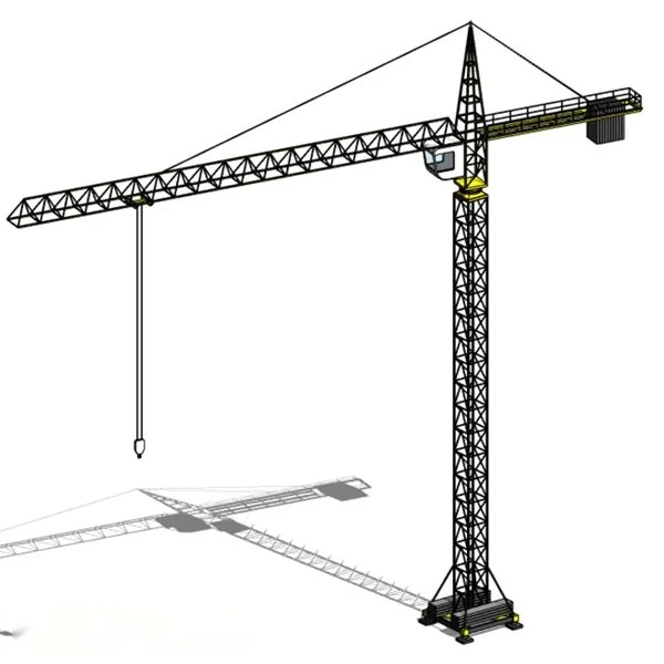 3D rendered model of a yellow and black tower crane on a plain white background with a cast shadow