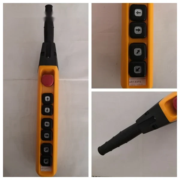 AR1-63FS pendant control station front view showing arrow button layout and rotary start