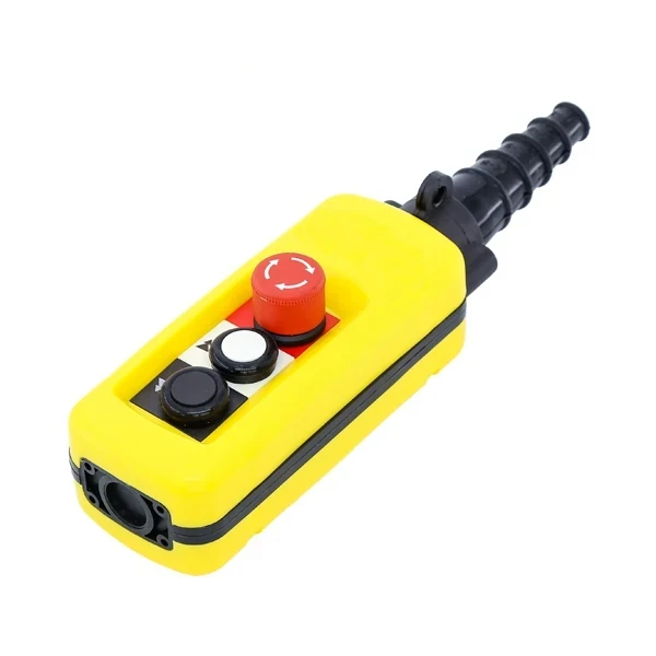 Yellow industrial pendant control station with red emergency stop button and black push buttons on white background