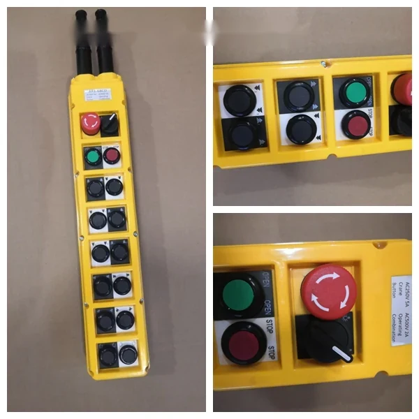 Collage showing three views of a yellow industrial pushbutton control pendant with emergency stop