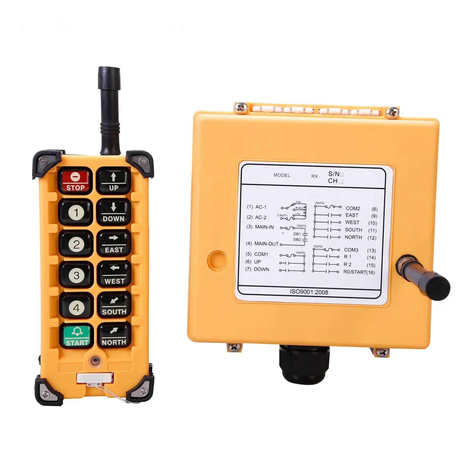 Yellow industrial wireless remote control transmitter and receiver unit with directional buttons and wiring diagram label