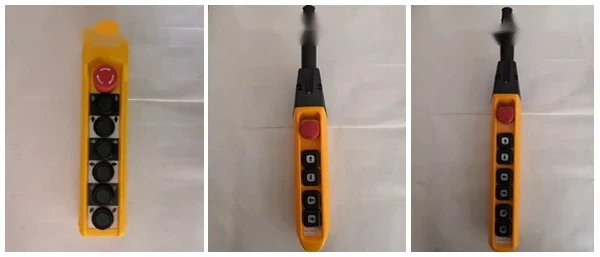 Yellow industrial pendant control station with red emergency stop and black push buttons shown from three angles