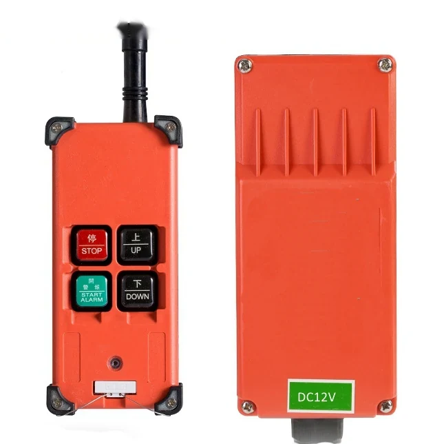 Orange industrial radio remote control with STOP, UP, DOWN buttons shown beside its orange receiver unit