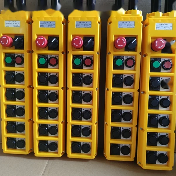 AR1-67CD pendant control station in yellow ABS housing with ten double speed buttons and emergency stop