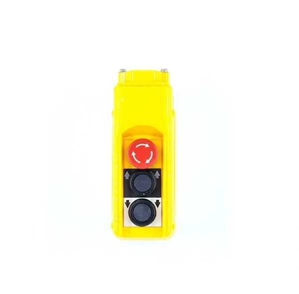 AR1-61CD hand held control pendant in yellow ABS housing with two black double speed buttons and emergency stop