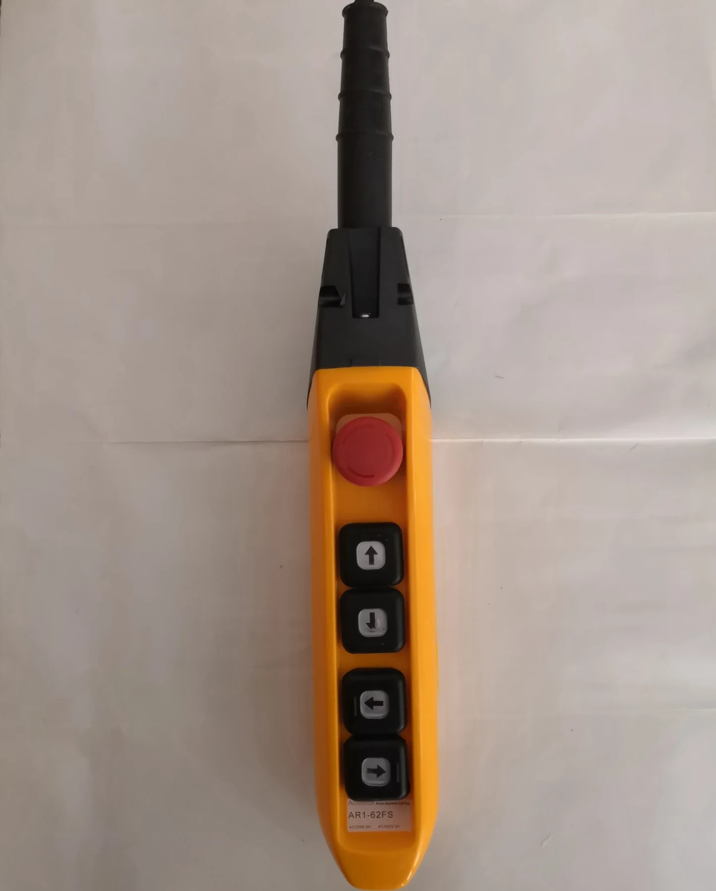 AR1-62FS hoist pendant control station in yellow ABS housing with four black push buttons and emergency stop