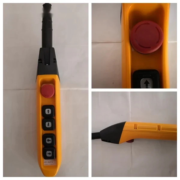 Yellow industrial crane pendant control station with red emergency stop button and directional pushbuttons, shown from three angles