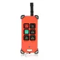 Orange industrial radio remote control with STOP, START, UP, DOWN, LEFT and RIGHT buttons and a black antenna
