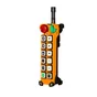 Orange industrial wireless remote control with directional arrow buttons, numbered keys, red emergency stop and antenna