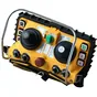 Yellow industrial wireless remote control with dual joysticks, red emergency stop, control buttons and metal handle