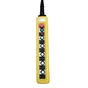 Yellow industrial pendant control station with red emergency stop button and column of black push buttons on white background