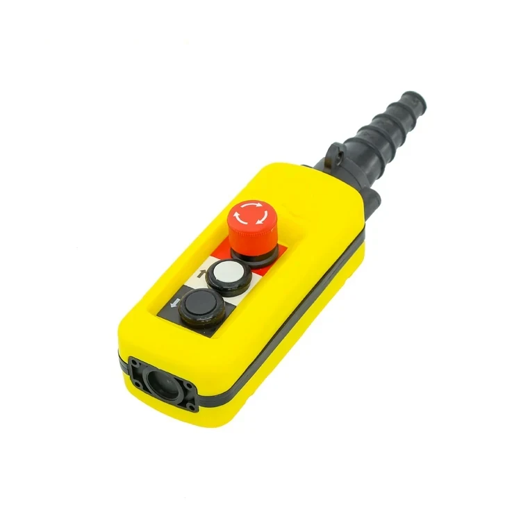 Yellow industrial control pendant with red emergency stop button, two pushbuttons, and black cable gland on white background