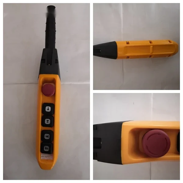 Three views of a yellow industrial pendant control station with black buttons and a red emergency stop button