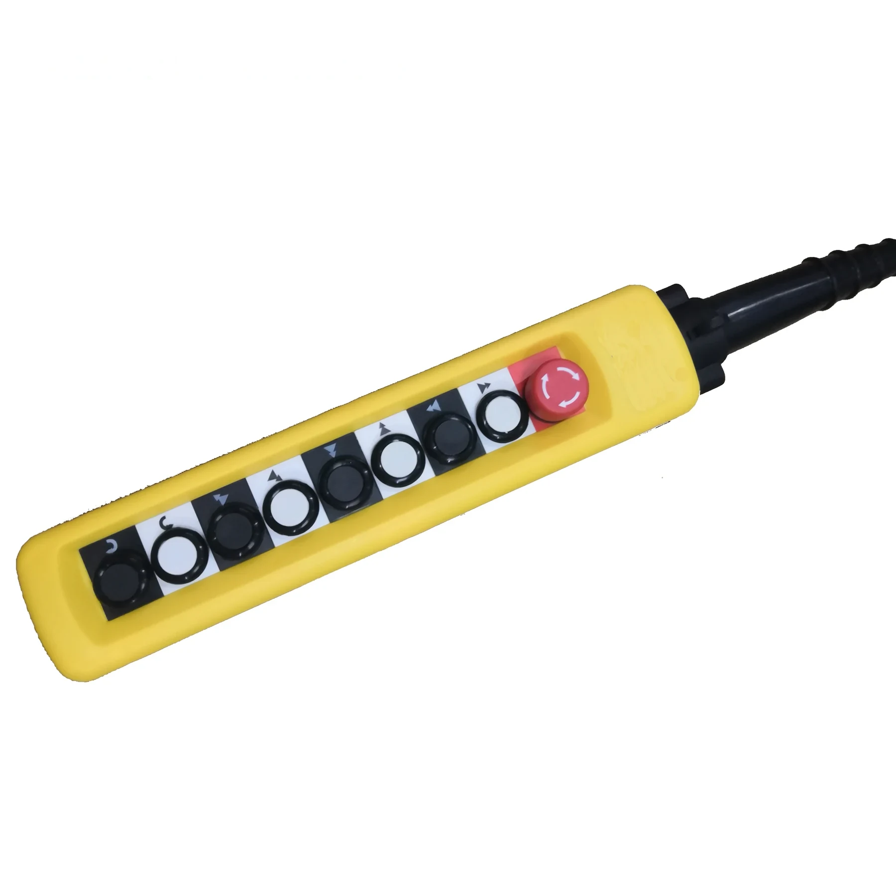XAC-A8713 pendant control handle in yellow housing with six function buttons and emergency stop