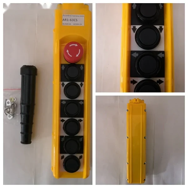 Front view of AR1-63CS pendant showing button layout and emergency stop switch