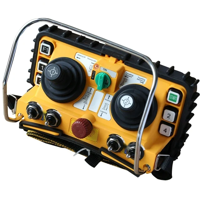 Yellow industrial wireless remote control with dual joysticks, red emergency stop, control buttons and metal handle