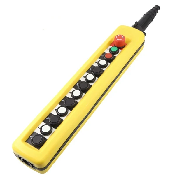 Yellow industrial pendant control station with rows of black and white push buttons, a red emergency stop button, and cable gland on a white background