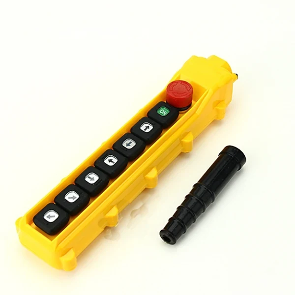 AR1-63YS pendant control station in yellow ABS housing with six function buttons and emergency stop