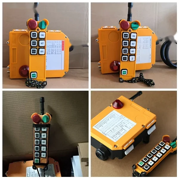Four photo collage showing yellow industrial pendant control boxes with push buttons and emergency stop switches