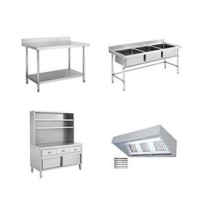 Stainless steel kitchen furniture: work tables, sinks and hoods