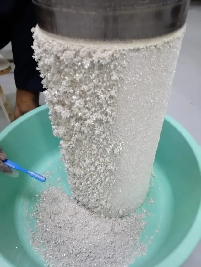Silver deposit built up on a titanium cathode cylinder