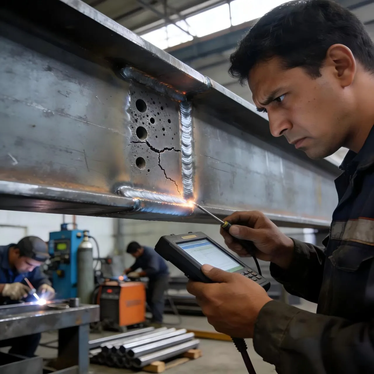 Engineer inspecting a welded steel beam in the workshop