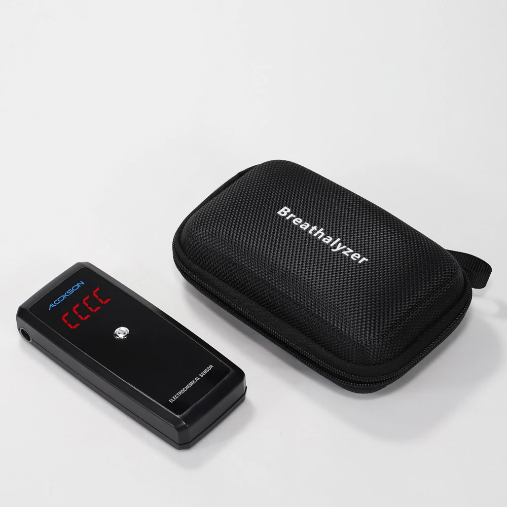 ALC-213Pro breath alcohol tester beside its zipped carry case