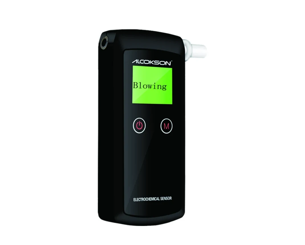ALCOKSON ALC-215 breath alcohol tester with the green screen lit