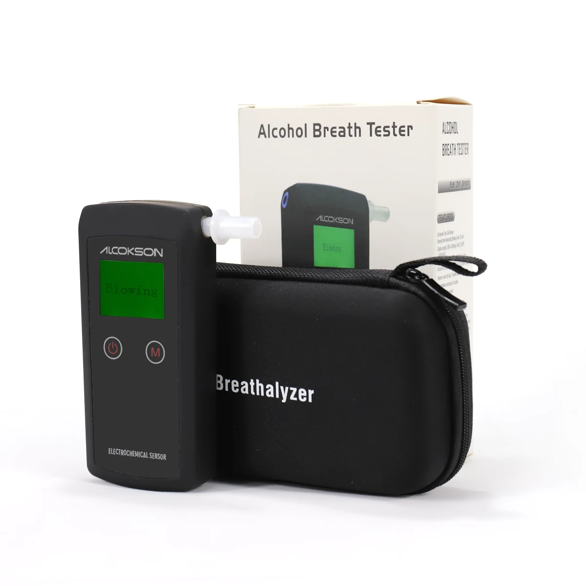 ALC-215 breath alcohol tester with its retail box and mouthpieces