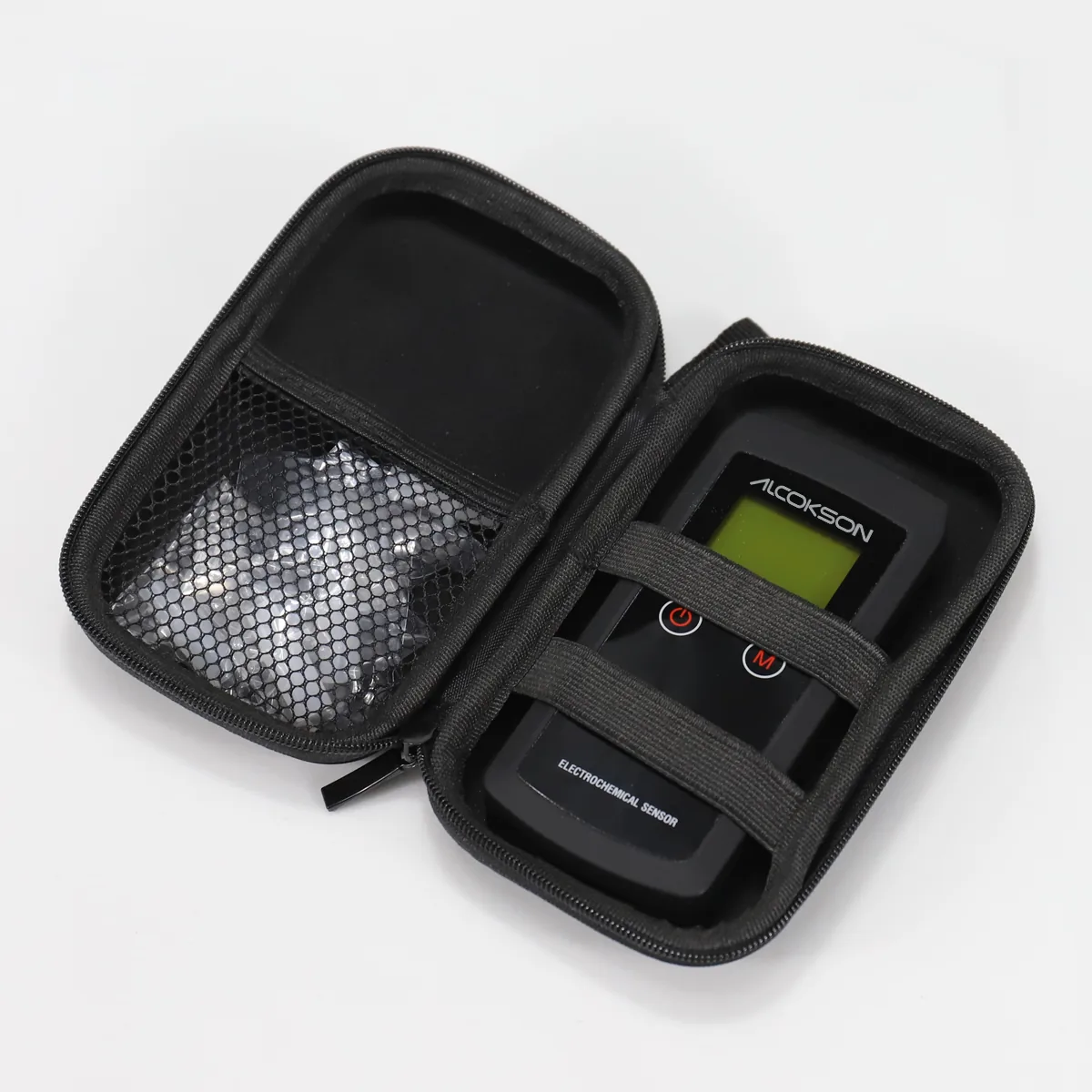 ALC-215 breath alcohol tester packed in the open zipped case