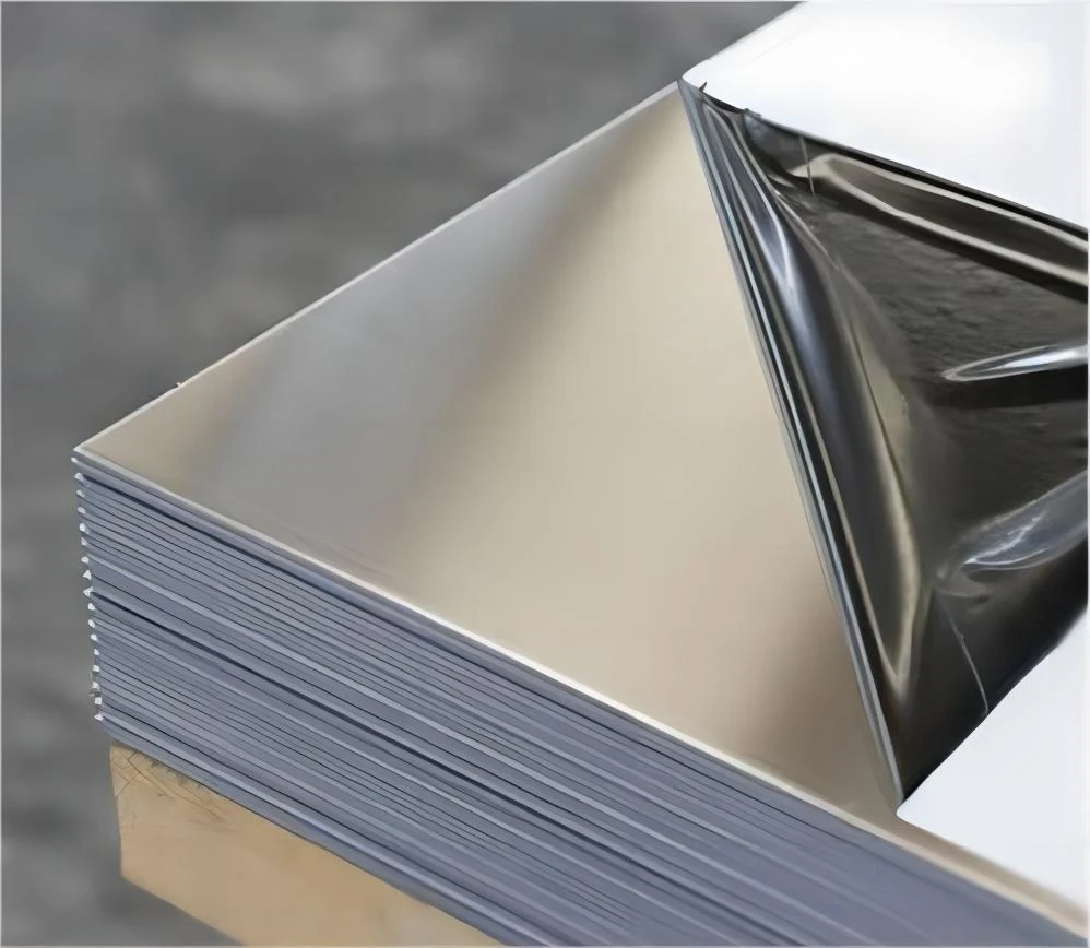304 stainless steel sheets stacked and banded in the warehouse