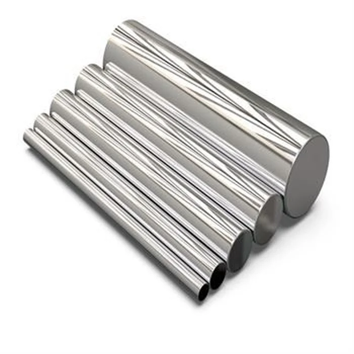 Stainless steel round bar stock stacked in the warehouse