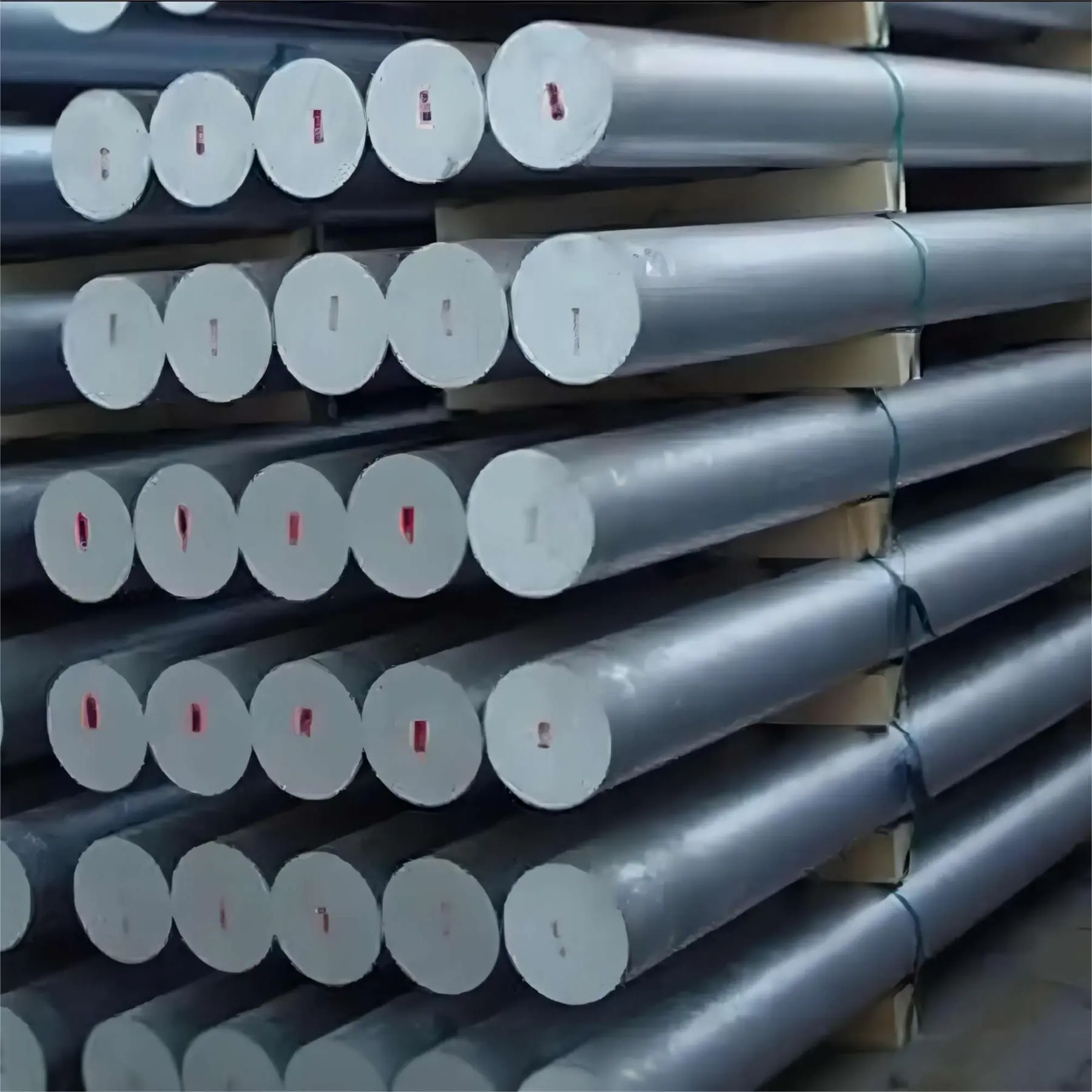 Stainless steel round bar stock stacked for machining