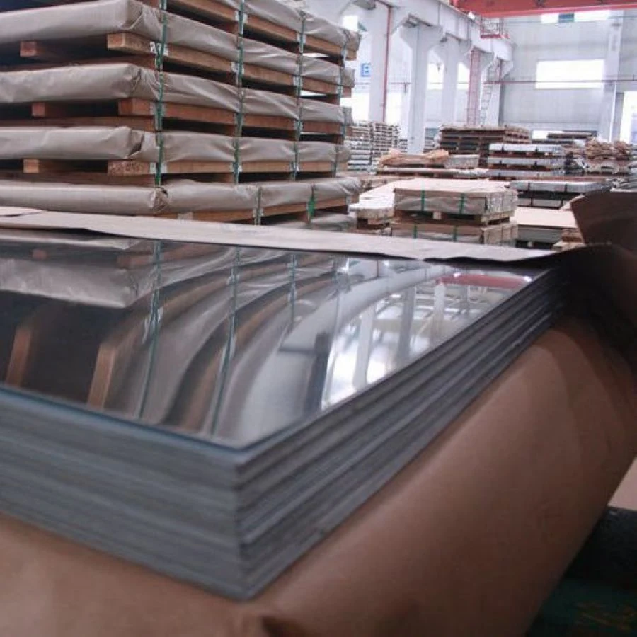 Mirror No.6 and No.8 finish stainless steel sheets stacked for dispatch