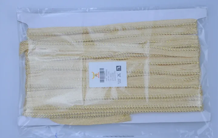 Bundle of gold metallic trim in a clear plastic bag with a label.