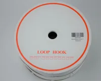 Round white disc of hook-and-loop fastener tape labeled LOOP HOOK with barcode label, on plain background