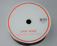 Roll of black hook-and-loop tape in a white spool labeled LOOP HOOK with barcode