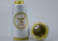 Two white polyester thread cones, one standing and one lying on its side, with MUSATEX labels.