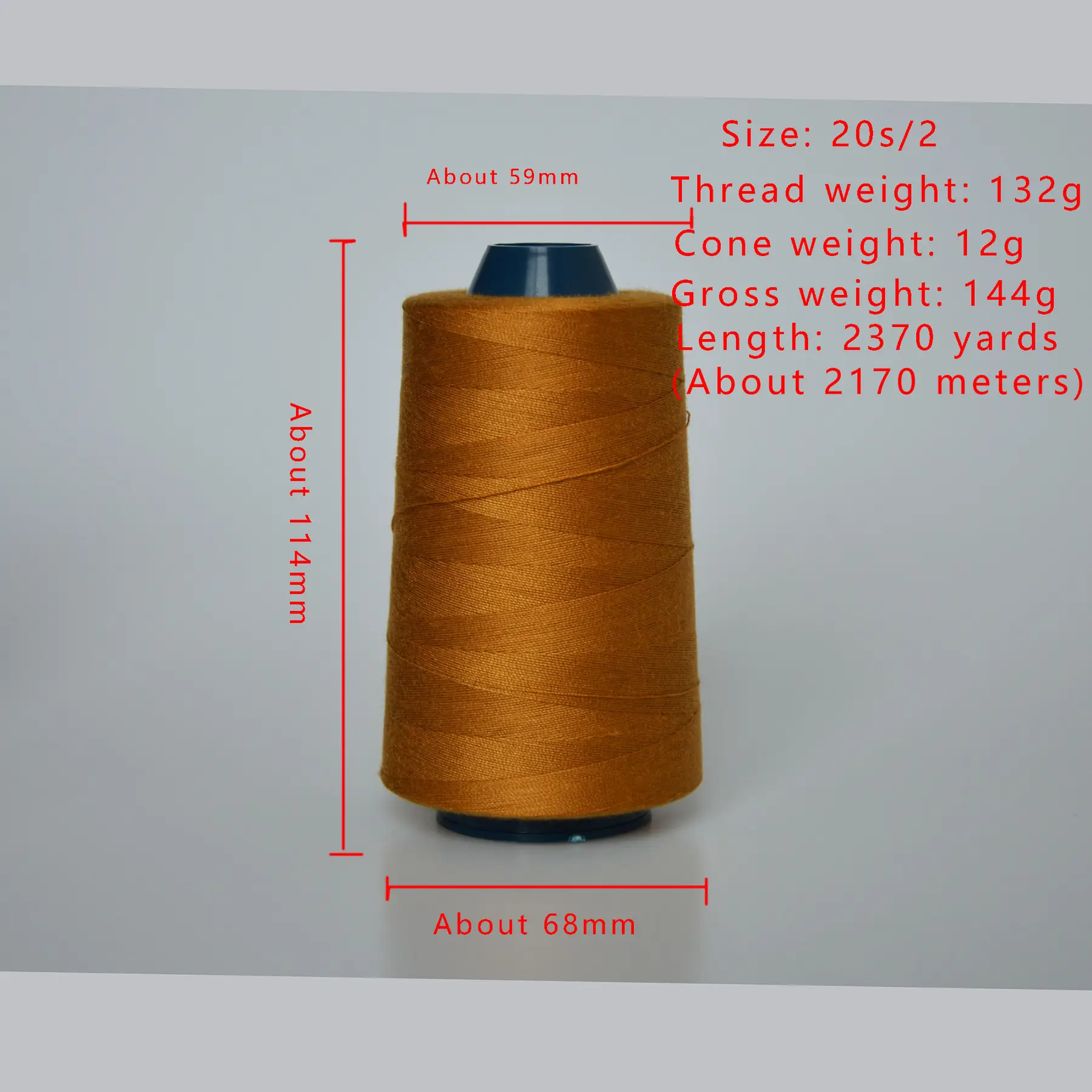 Mustard gold thread cone with red overlay text specifying size, weight, and length.