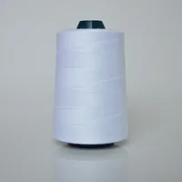 Large cone of white thread with dark teal core on a plain light background