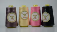 Four MUSATEX 100% polyester sewing thread cones in brown, cream, pink and black on a white background