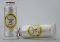 Two white rayon embroidery thread cones with MUSATEX phoenix labels on a light background