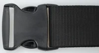 Close-up of a black plastic side-release buckle attached to black woven webbing strap