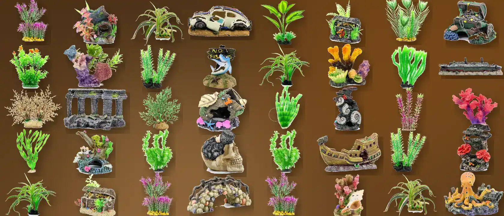 Aquarium Decor Layout Using Artificial Plants and Resin Ornaments illustration