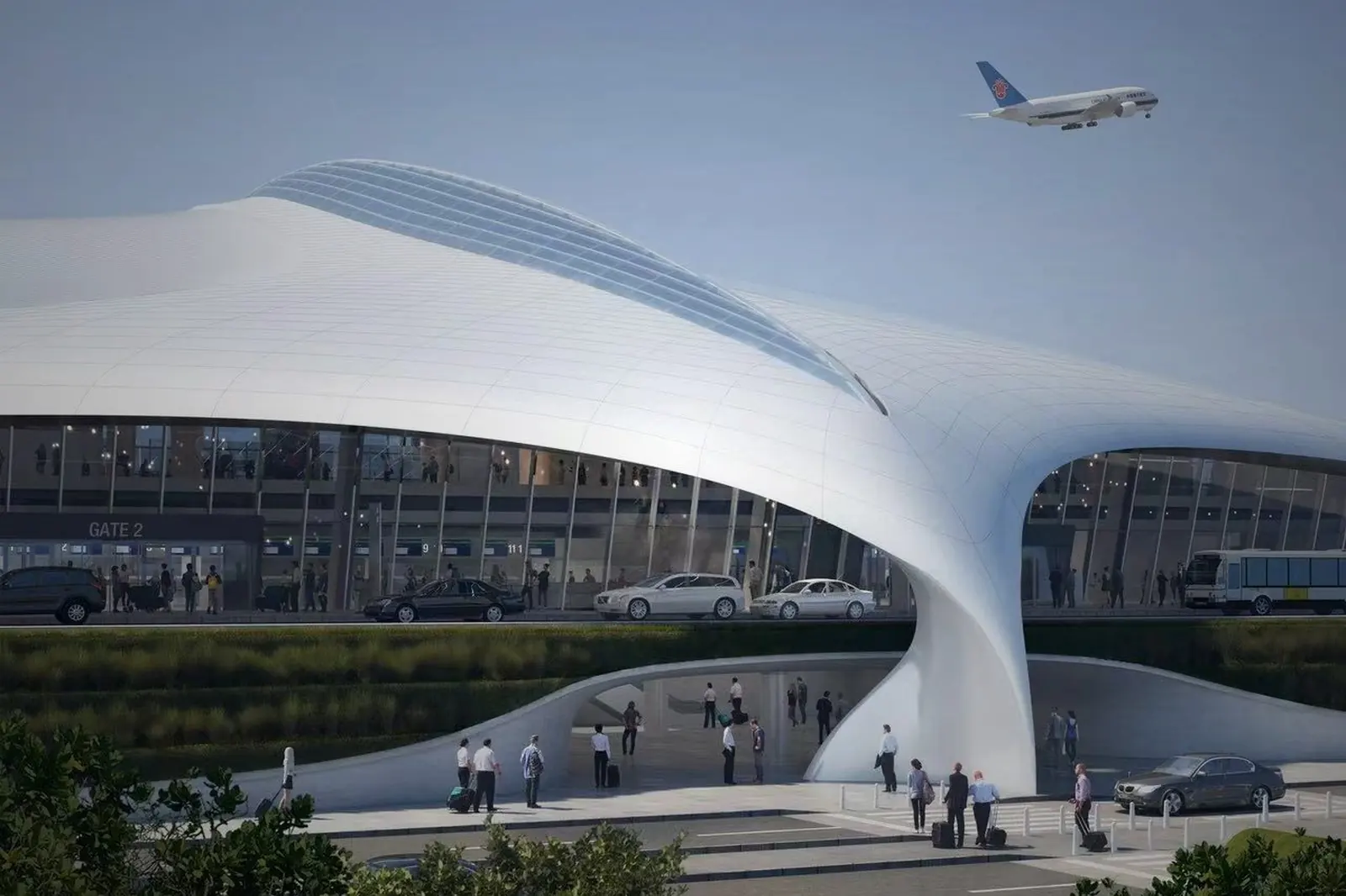 Airport terminal facade clad in aluminum composite panels