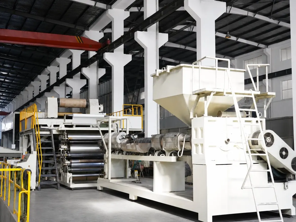 Aluminum composite panel lamination line joining skins, core and adhesive film
