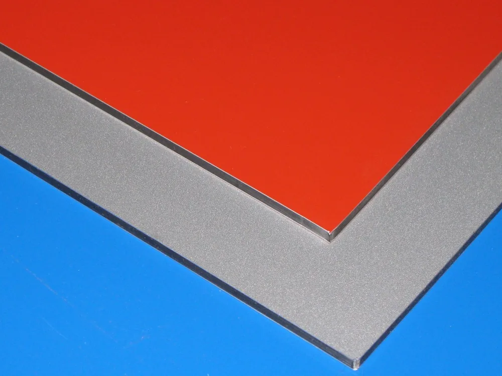 Nano PVDF coated aluminum composite panels in red, silver and blue